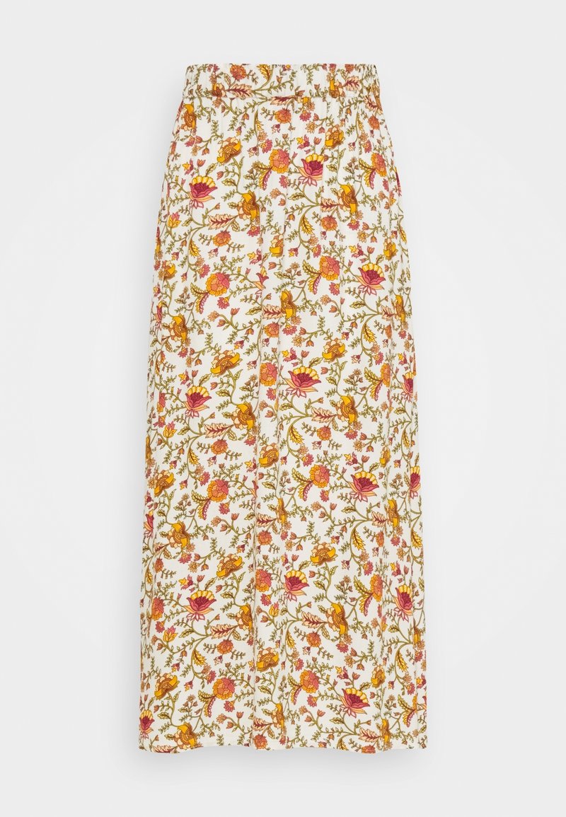 Jupe longue blanche à taille élastique, couverte d’un motif floral coloré comprenant des fleurs roses, jaunes et orange avec des lianes vertes.