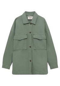 Green cotton jacket featuring a collared neck, two chest pockets, and brown buttons. Relaxed fit with long sleeves and a straight hem.