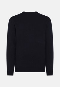 Maglione navy, texture a maglia, maniche lunghe, scollatura a girocollo, orlo e polsini a coste, presenta un colore uniforme senza ulteriori motivi o dettagli.