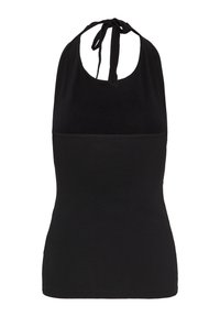 Haut noir sans manches col halter avec fermeture par lien dans le dos et silhouette moulante.