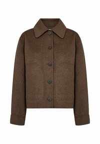 Brown wool blend cropped jacket with long sleeves, wide collar, and black buttons down the front.
