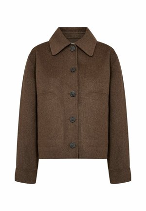 Braune Wollmischung-gekürzte Jacke mit langen Ärmeln, weitem Kragen und schwarzen Knöpfen vorne.