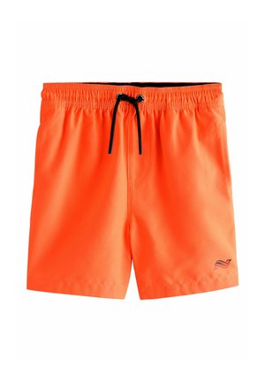 Kirkkaan oranssit uimashortsit, joissa on joustava vyötärönauha, musta kiristysnauha ja pieni musta logo vasemman jalan alareunassa.