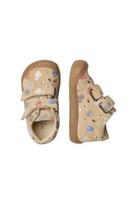 Chaussures pour enfants, en tissu beige avec des motifs d'animaux colorés. Deux bandes Velcro, bouts ronds, semelles en caoutchouc texturé, design léger.