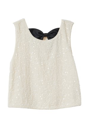 Biała bezrękawnikowa bluzka z cekinami, z dekoltem w kształcie litery U i dużą czarną kokardą z tkaniny z tyłu.