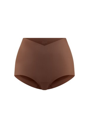 Sous-vêtement femme marron, sans coutures, taille haute, avec une finition lisse et une ceinture en forme de V, conçu pour le confort et le maintien.