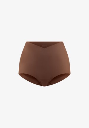 Sous-vêtement femme marron, sans coutures, taille haute, avec une finition lisse et une ceinture en forme de V, conçu pour le confort et le maintien.