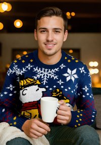 Maglione azzurro lavorato a maglia con un personaggio dei cartoni animati, decorato con fiocchi di neve e motivi. Uomo che tiene una tazza bianca, seduto con una leggera coperta.