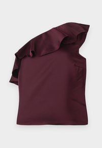 Burgundy satin top med en volangdesign på ena axeln. Slät yta med en asymmetrisk skärning och en subtil sidficka.