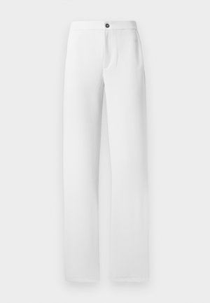 Calças brancas feitas de um tecido suave, apresentando um design de perna reta, um fecho de botão único e bolsos laterais. Acabamento simples e limpo.