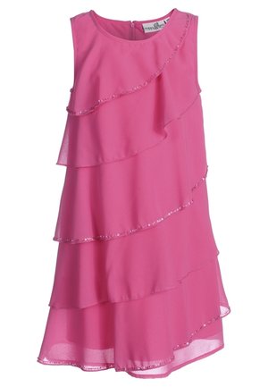 Robe sans manches rose vif à plusieurs couches avec bordure de sequins et fermeture éclair au dos.