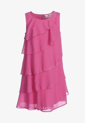 Ærmeløs, lagdelt kjole i klar pink med palietbesætning og lynlåslukning bagpå.