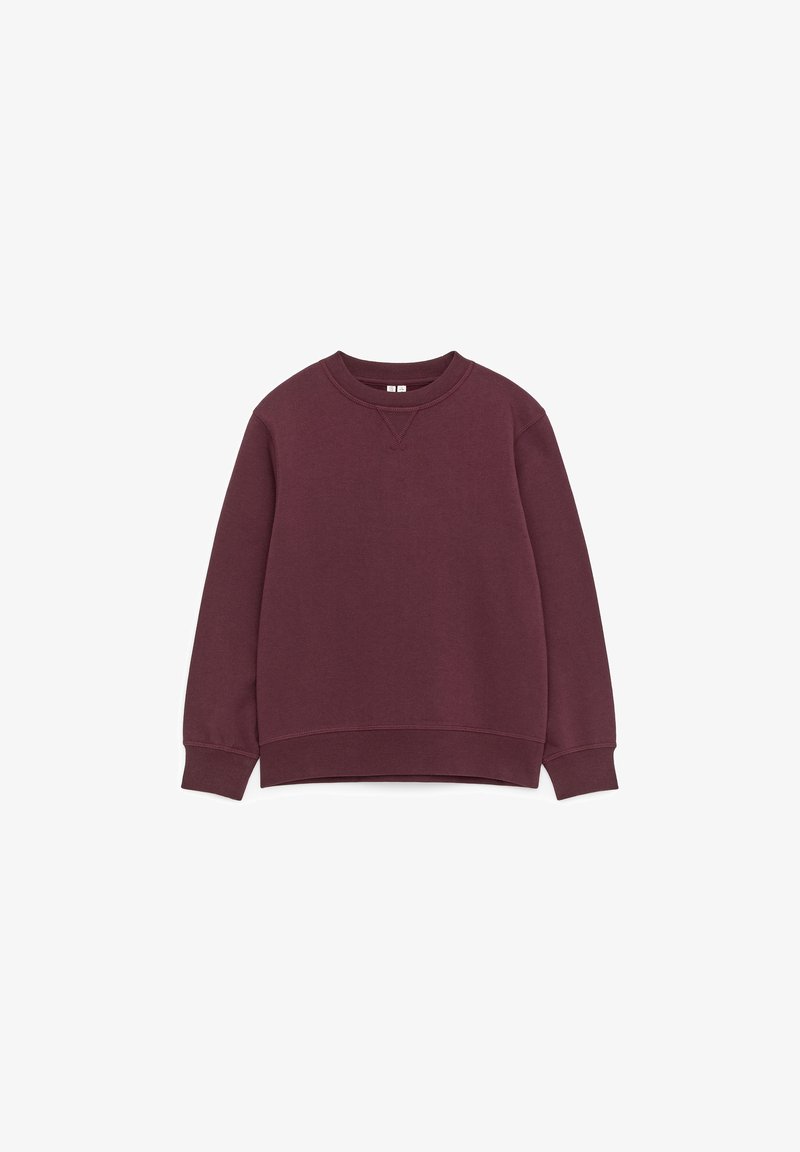 Sweatshirt bordeaux uni à col rond avec manches longues, poignets, ourlet et col côtelés, présenté sur un fond blanc.
