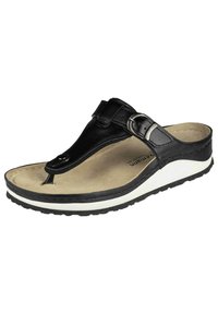 Black leather thong sandal featuring a buckle accent and a cushioned beige footbed, set on a textured black and white sole.