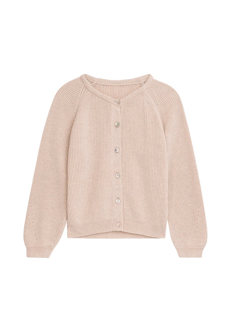 Beige gestreifter Cardigan mit rundem Ausschnitt, langen Raglanärmeln und fünf Knöpfen auf der Vorderseite. Verfügt über feine Stickereien an den Ärmeln.