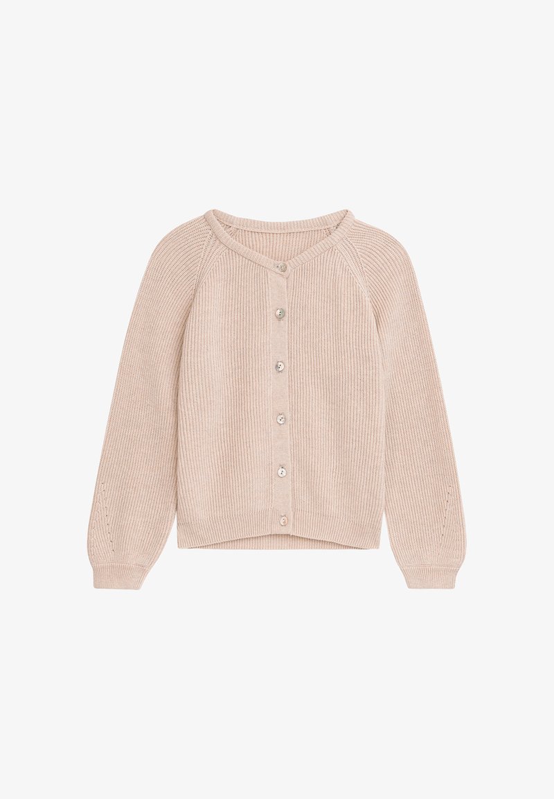 Beige gestreifter Cardigan mit rundem Ausschnitt, langen Raglanärmeln und fünf Knöpfen auf der Vorderseite. Verfügt über feine Stickereien an den Ärmeln.