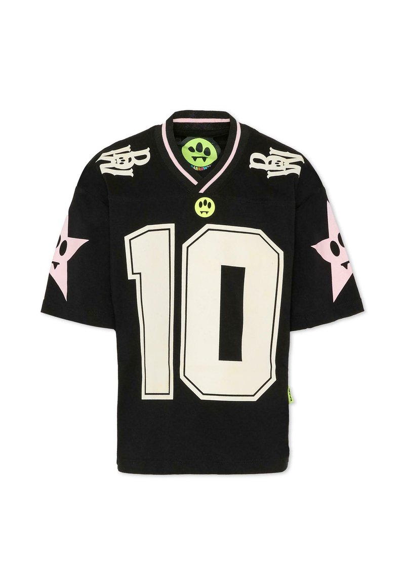 Maglietta nera a maniche corte, con accenti a stella bianchi e rosa, grande numero "10" in bianco e dettagli del logo verdi sul colletto.