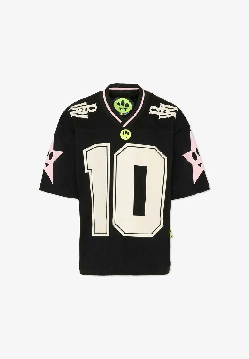 Czarny podkoszulek z krótkim rękawem, z białymi i różowymi akcentami w kształcie gwiazdek, dużą cyfrą "10" w kolorze białym oraz zielonymi detalami logo na kołnierzyku.