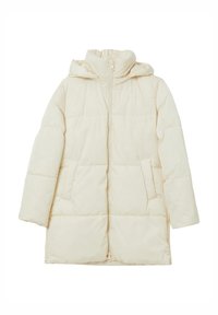 Cappotto puffoso di colore crema con zip frontale, cappuccio e due tasche laterali. Il materiale sembra morbido con un design trapuntato e una texture liscia.