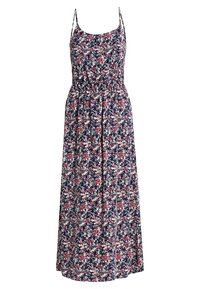 Robe longue fleurie avec un fond bleu marine, ornée de petites fleurs roses et blanches. Conçue avec des bretelles fines et une taille élastique.