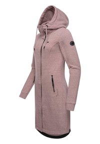 Pink long hoodie made of soft fabric, featuring a front zipper, two side pockets, and a hood with drawstrings. Subtle branding on the side.
