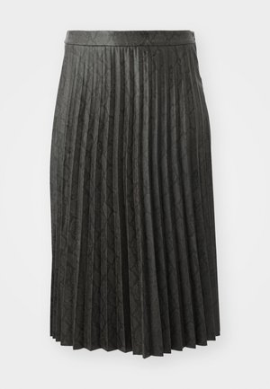 Μαύρη πλισέ φούστα από υφασμάτινο υλικό, με σχέδιο και ενιαία μέση, σε μεσαίου μήκους κοπή.