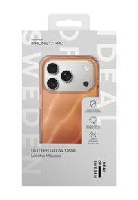 Glitter Glow-hoes voor iPhone 17 Pro in Mocha Mousse, met een glanzende, fonkelende oranje afwerking, beschermend ontwerp en transparante randen.