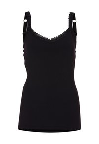 Czarny top na ramiączkach z miękkiego materiału, ozdobiony koronkowym wykończeniem wzdłuż dekoltu w kształcie litery V oraz regulowanymi ramiączkami z metalowymi akcentami.