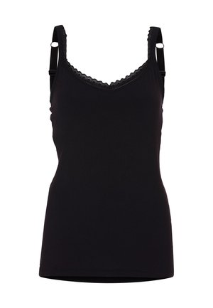 Czarny top na ramiączkach z miękkiego materiału, ozdobiony koronkowym wykończeniem wzdłuż dekoltu w kształcie litery V oraz regulowanymi ramiączkami z metalowymi akcentami.