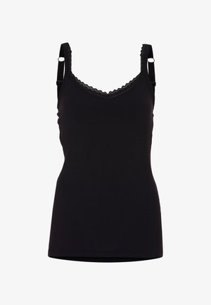 Czarny top na ramiączkach z miękkiego materiału, ozdobiony koronkowym wykończeniem wzdłuż dekoltu w kształcie litery V oraz regulowanymi ramiączkami z metalowymi akcentami.