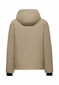 Giacca imbottita beige con cappuccio, caratterizzata da una texture liscia e polsini elasticizzati. Design semplice senza hardware o motivi visibili.