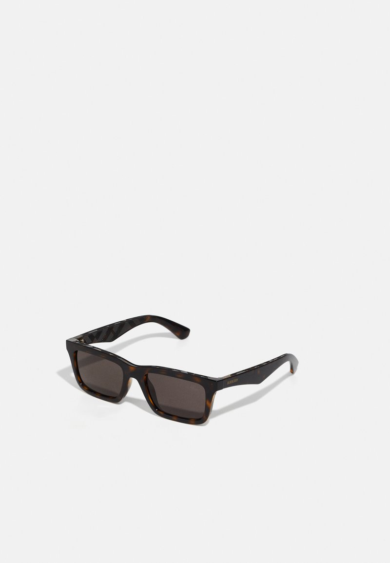 Gafas de sol carey con lentes rectangulares, color oscuro y tonos tintados, montura gruesa y un patrón texturizado en el interior de las patillas.