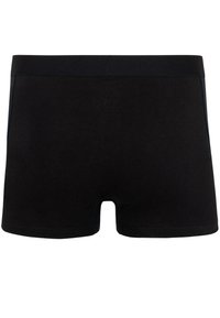 Schwarze Boxer-Shorts aus weichem Stoff, mit einem schlichten Design, horizontaler Öffnung vorne und dezenten blauen Nähten.