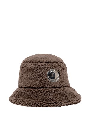 Brown fleece bucket hat with silver circular badge displaying text and a small graphic in the center.