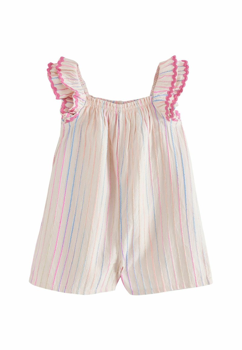 Combinaison rayée dans des couleurs pastel avec des manches volantes et un col élastique. Présente des rayures alternées rose, bleu et beige ; tissu léger.