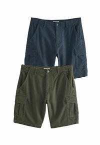 Marineblau und olivgrüne Cargo-Shorts aus Baumwolle mit mehreren Taschen und einem Knopfverschluss. Glatte Textur und design in Kniehöhe.