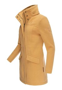 Yellow wool coat with a high collar, zip closure, and snap buttons. Features two front pockets and embroidered branding on the sleeve.