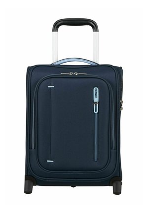 Marineblaue weichseitige Handgepäcktasche mit Teleskopgriff, vorderer Reißverschlusstasche und zwei kleinen Rädern an der Unterseite.