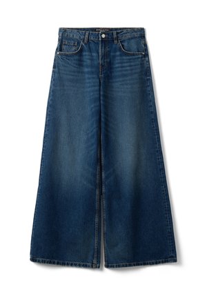 Blauwe denim jeans met wijde pijpen, voorzakken, riemlussen, knoopsluiting en lichte vervaging op dijen en knieën.