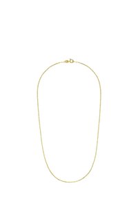 Delicada cadena de oro delgada con pequeños eslabones ovalados y un cierre de anillo de resorte sobre un fondo blanco.