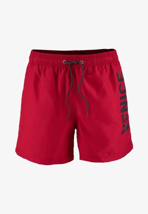 Rote Badeshorts mit elastischem Bund, Kordelzug und schwarzem "VENICE"-Text an der Seite. Glattes Material, mittellange Beine bis zur Mitte des Oberschenkels.