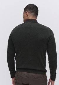 Mörkgrön stickad tröja med långa ärmar, rund hals och ribbade muddar och fåll. Bärs över bruna byxor; sedd bakifrån.