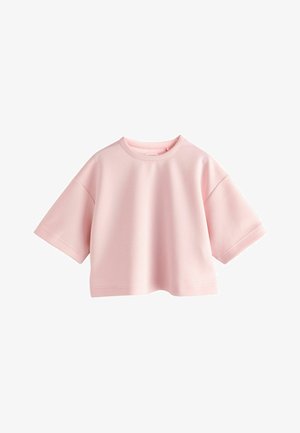 Lyserød cropped sweatshirt med korte ærmer, rund halsudskæring og afslappet pasform, vist mod en hvid baggrund.