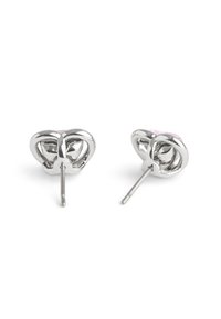 Silver-tone stud earrings with a heart shape, featuring a pink accent in the center and a standard post for secure wear.