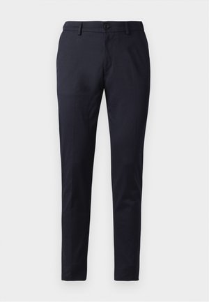 Navy trousers made of smooth fabric, featuring a slim fit, belt loops, and a single button closure. Straight legs with subtle creases.