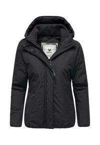 Doudoune noire avec capuche, fermeture éclair et boutons-pression. Tissu lisse, design matelassé et poignets ajustables. Idéale pour le temps froid.