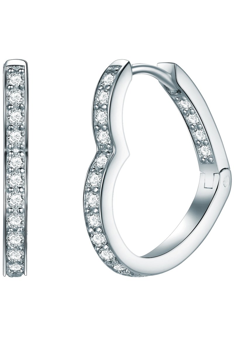 Silver hoop earrings feature a wavy design, adorned with a row of clear, round crystals along the outside edge.