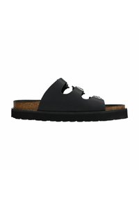 Zwarte slide-sandalen met twee uitsparingen, een kurken voetbed en een dikke zwarte zool met een gestructureerd oppervlak.