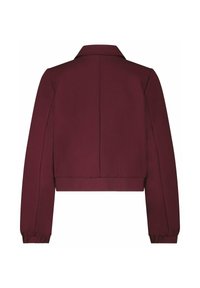 Bordeaux cropped blazer met lange mouwen, een reverskraag en een gladde textuur. Kenmerkend zijn de minimale stiksels en een rugnaad detail.