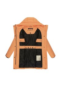 Padded jacket in soft peach fabric with a fully lined black interior. Features a hood, zip closure, and multiple pockets.
